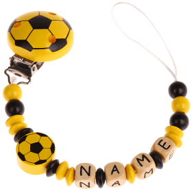 Schnullerkette mit Namen – Fußball schwarz/gelb