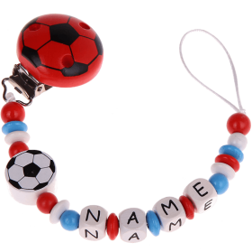 Schnullerkette mit Namen – Fußball rot/blau